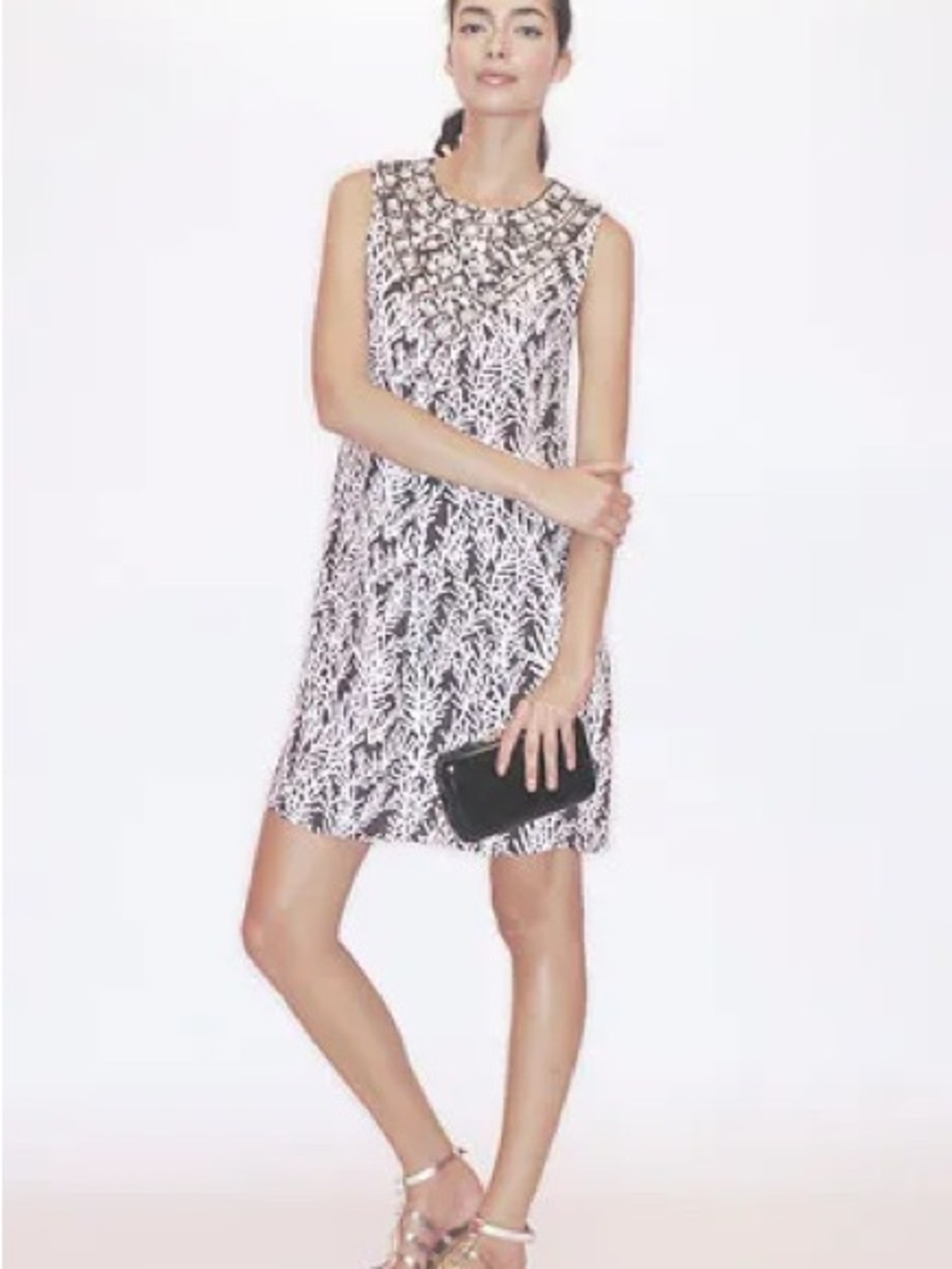 Tory Burch Brown and White Embellished Sleeveless 100% Silk Shift Dress | Size 8